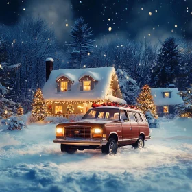 Festive Night with Car and Christmas Lights