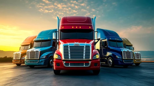 Fleet of Semi-Trucks in Colorful Array at Dusk