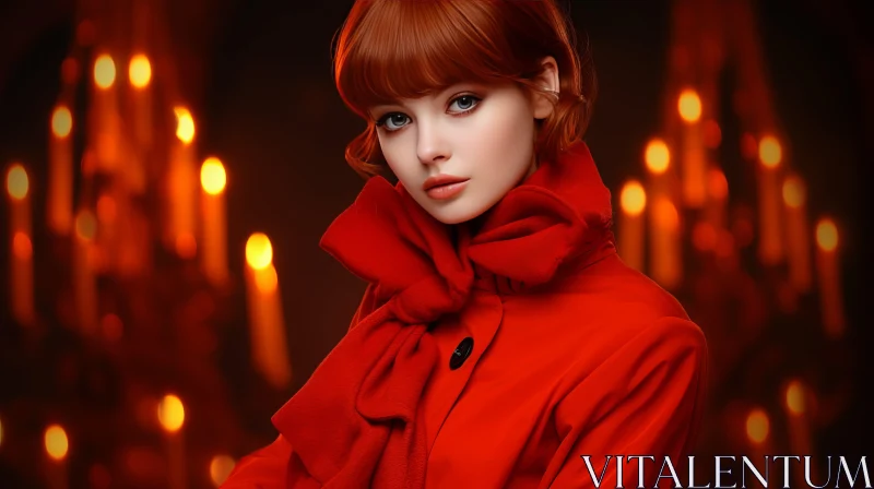 Captivating Image of a Woman in a Red Coat Surrounded by Candles AI Image
