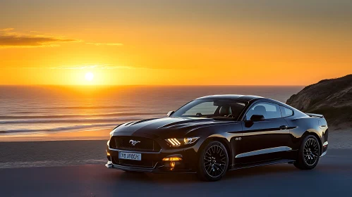 Sunset Reflection on Black Car by the Beach