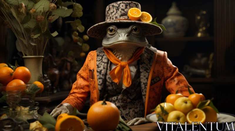 Whimsical Wooden Frog with Top Hat on Orange Garnished Table AI Image