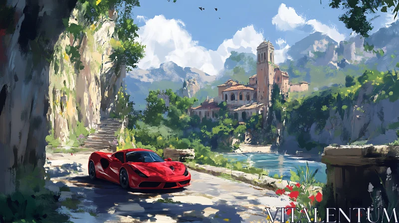 Picturesque Village and Sporty Red Car AI Image