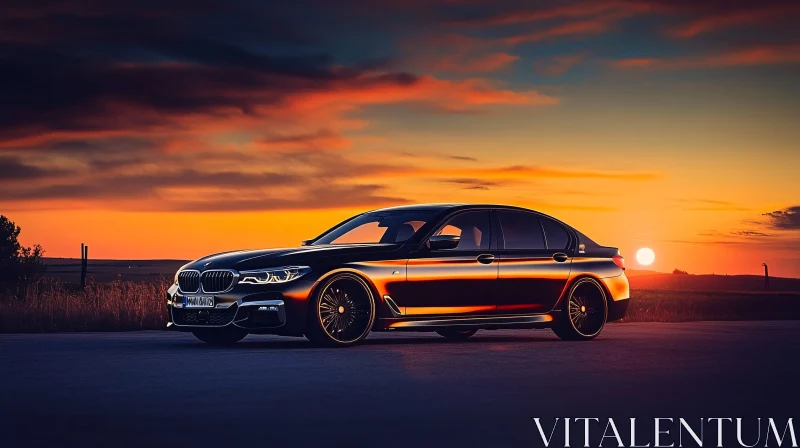 AI ART Sleek Black Car with a Sunset Backdrop