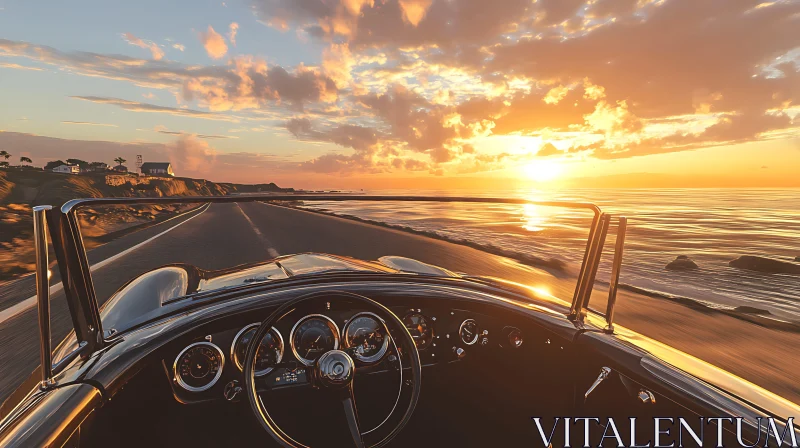 Classic Car at Sunset on Scenic Coastal Highway AI Image