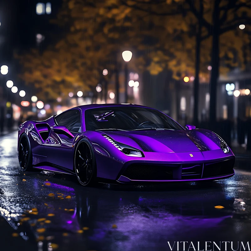 Urban Night Scene with Purple Sports Car AI Image