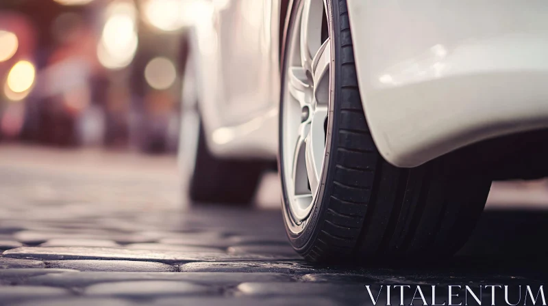 Car Wheel Close-Up on Cobblestone AI Image