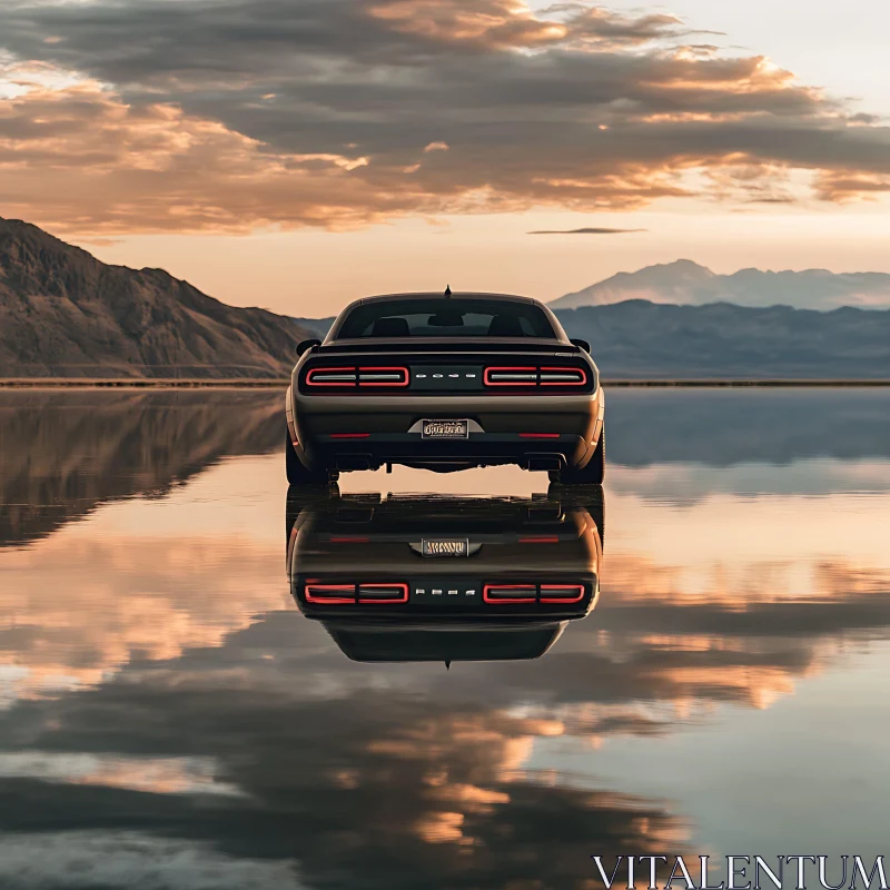 Sleek Car with Mountain Reflections at Dusk AI Image