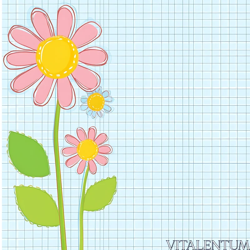 AI ART Whimsical Daisies Against a Blue Grid