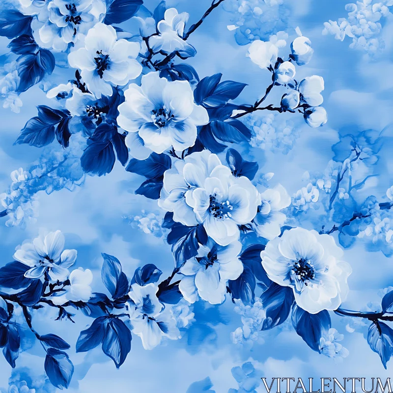 Intricate Botanical Blue and White Floral Art AI Image