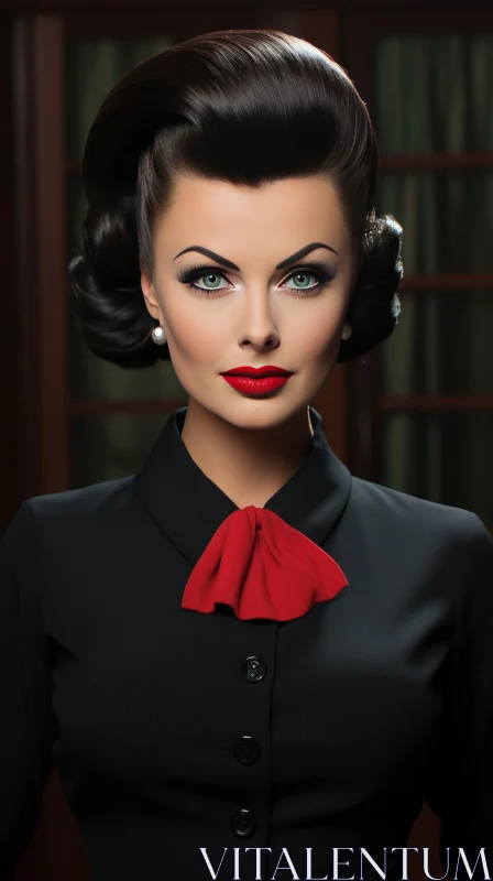 Beautiful Woman in Black Ensemble with Red Bow Tie | Retro Glamor AI Image