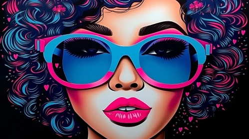 Captivating Girl with Blue and Pink Sunglasses Art Piece