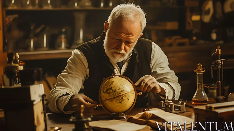 Elderly Man Engrossed in Globe Study with Antique Science Tools AI Image