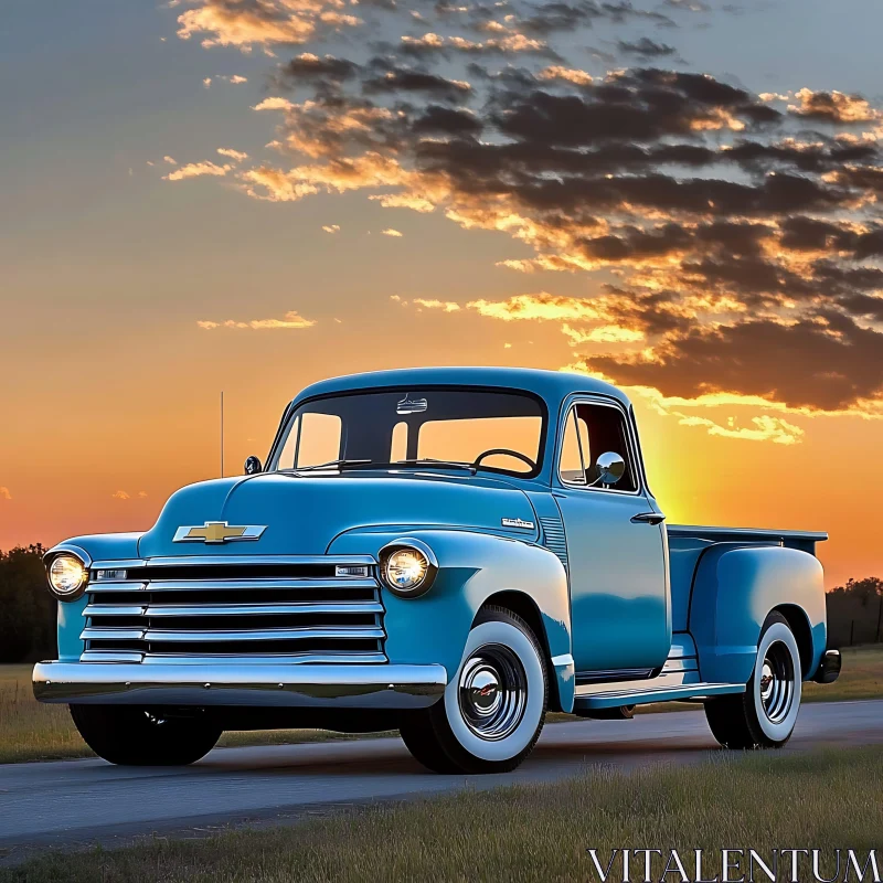 Classic Blue Truck in Pristine Condition at Sunset AI Image