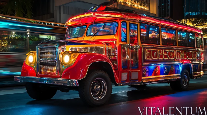 AI ART Neon-lit Vintage Bus on Night City Street