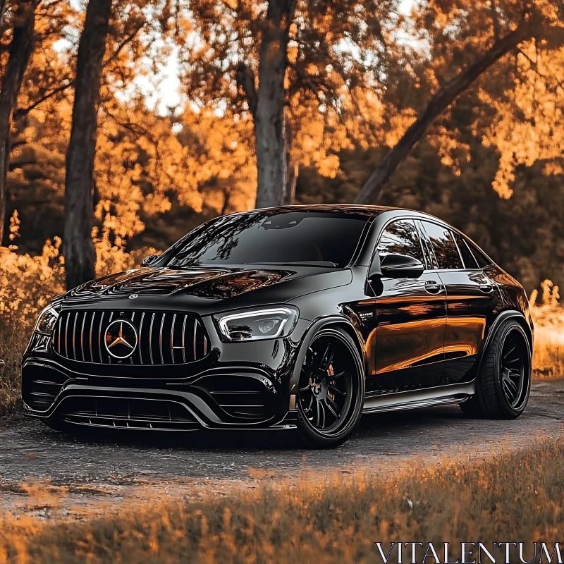 Luxury Black Car Amidst Golden Forest AI Image