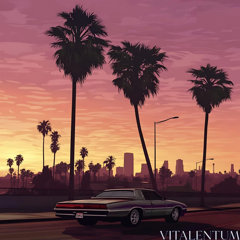 AI ART Urban Sunset with Classic Car and Palm Trees