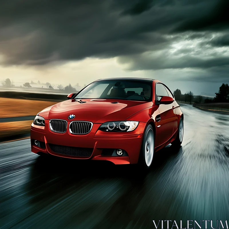 High-Speed Red Car on Wet Road AI Image