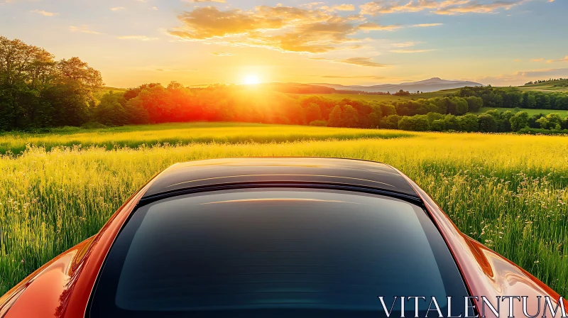 Car in Golden Field at Sunset AI Image