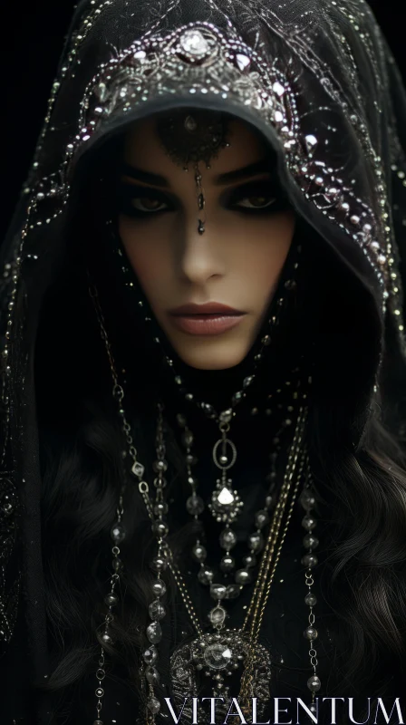 Captivating Symbolism: Girl in Black Costume with Intricate Jewelry AI Image