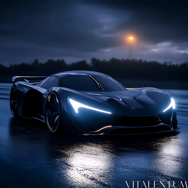 Modern Supercar on a Wet Road During Nighttime AI Image