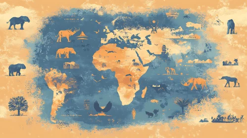 Animal and Cultural Motif World Map Art