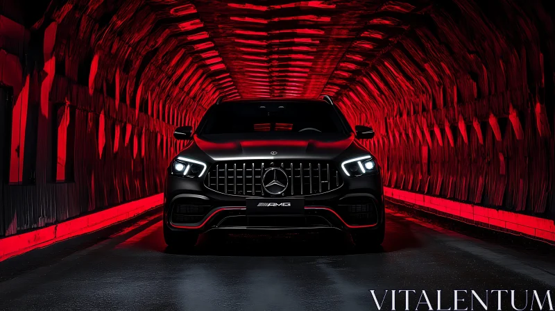 Black Luxury Car with LED Headlights in Tunnel AI Image