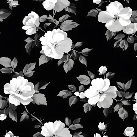 Black and White Floral Design with Detailed Flowers and Leaves