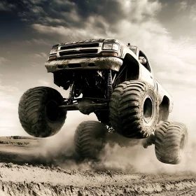 Monster Truck Leaping on Rugged Dirt Path