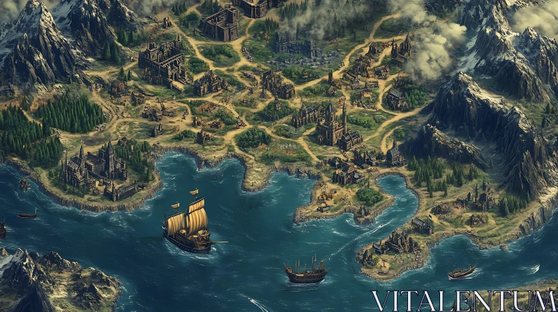 Fantasy Medieval Coastline Map with Ships AI Image