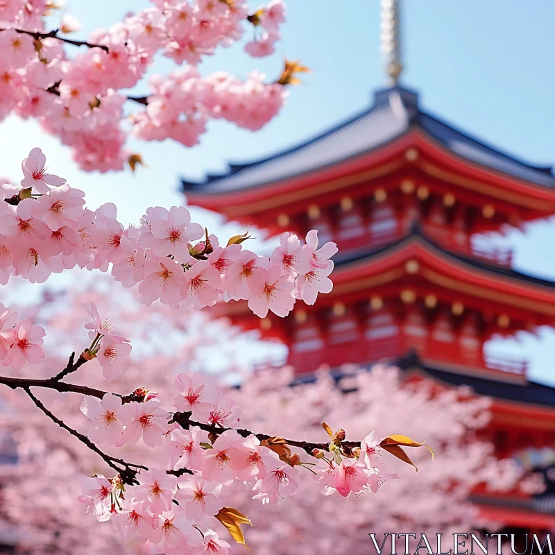 Cherry Blossoms with Japanese Pagoda Background AI Image