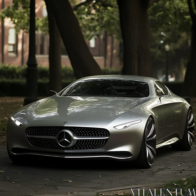 Modern Silver Sportscar in Scenic Setting AI Image