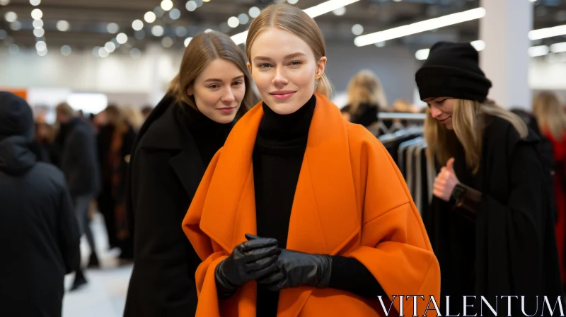 Elegant Woman in Orange Coat - Fashion Show Photography AI Image
