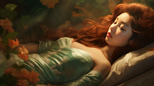 Enchanting Sleeping Girl with Red Hair Amongst Leaves | Realistic Fantasy Art