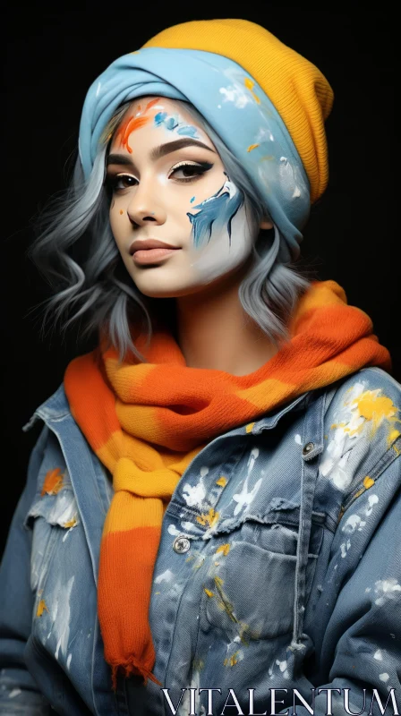 Urban Hip-Hop Style: Blue Dress and Face Paint Artwork AI Image