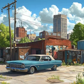 Classic Urban Scene with a Blue Car and Street Art