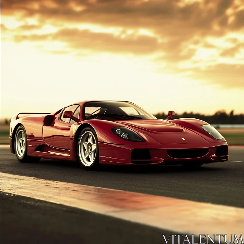 Elegant Red Sports Car at Golden Sunset AI Image