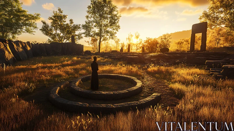 Golden Sunlight Bathing Ancient Ruins and Grass AI Image