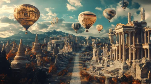 Hot Air Balloons in a Picturesque Ancient Ruins Landscape