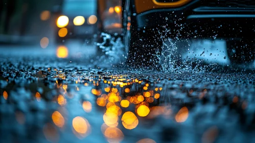 Nighttime Car Drive Through Rainy Street