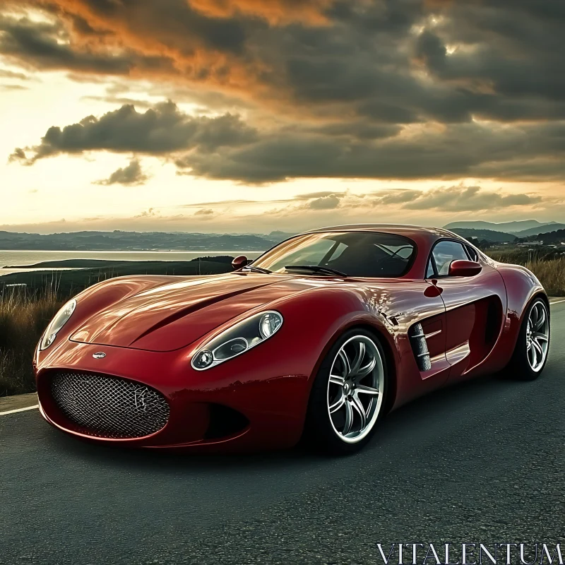 Luxury Red Car at Sunset AI Image