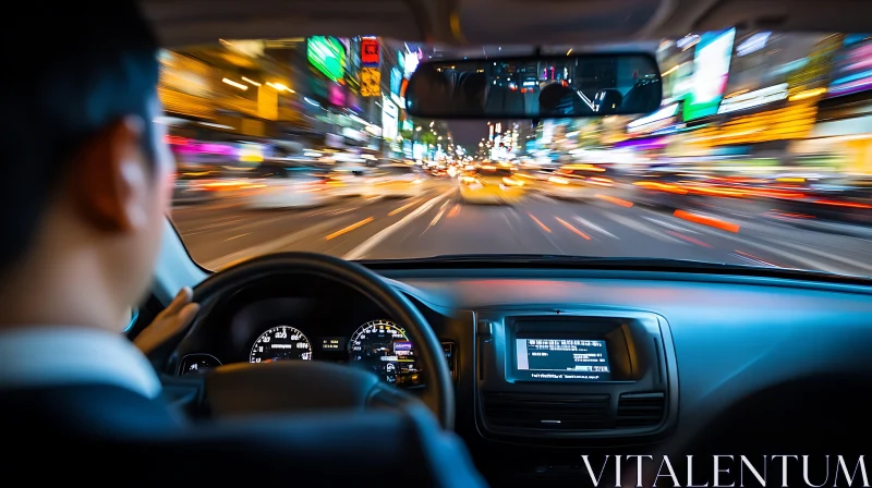 Urban Night Drive: A View from the Driver's Seat AI Image