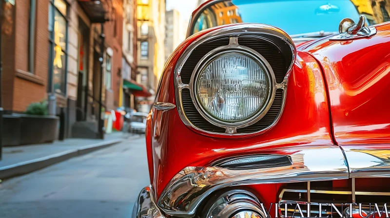 Classic Red Car Headlight in City AI Image