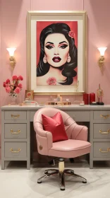Elegant Pink Chair and Lady Painting in a Realistic White Room