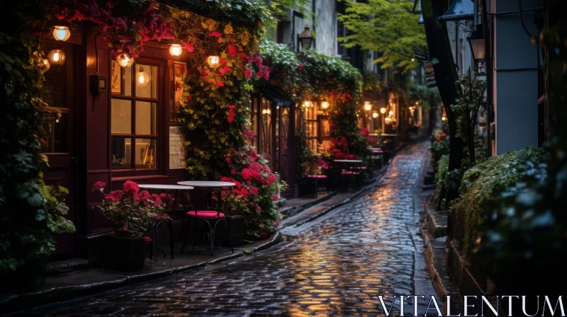 Enchanting Cityscape with Cobblestone Streets and Flower Tables AI Image