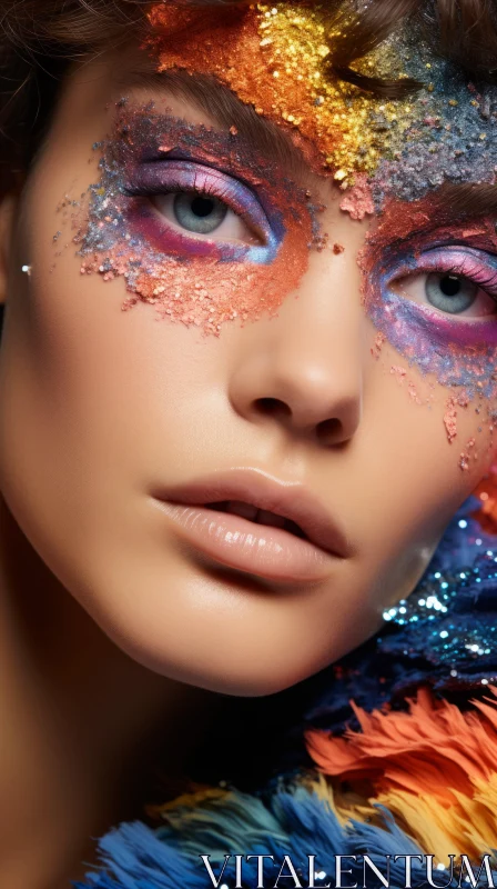 Mesmerizing Pop Art: Glittery Makeup and Feathers AI Image