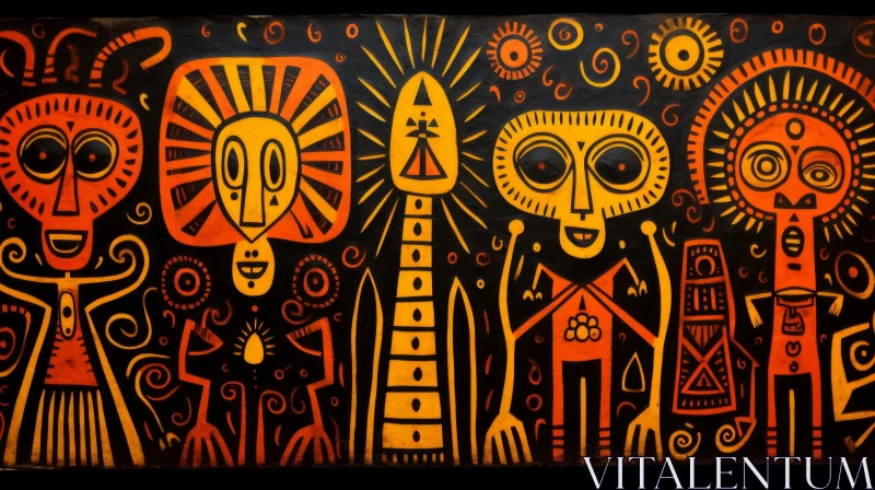 Tribal Characters in Naive Art Style on Black Background AI Image