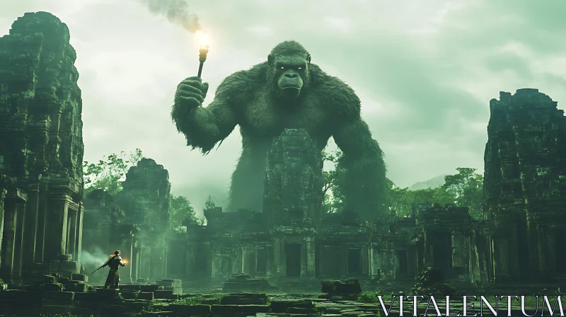 Majestic Giant Gorilla with Flaming Torch in Misty Ruins AI Image