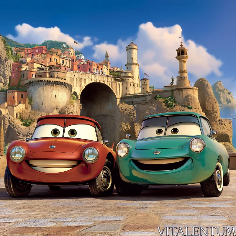 Whimsical Scene with Animated Cars and Medieval Architecture AI Image