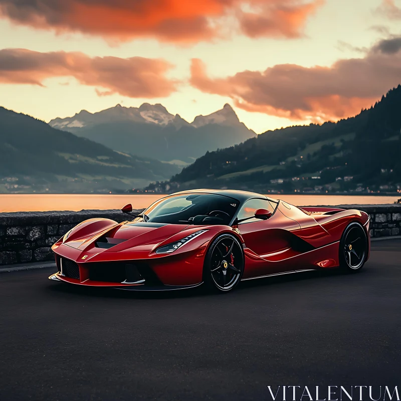 Sleek Red Sports Car at Sunset by the Lake AI Image