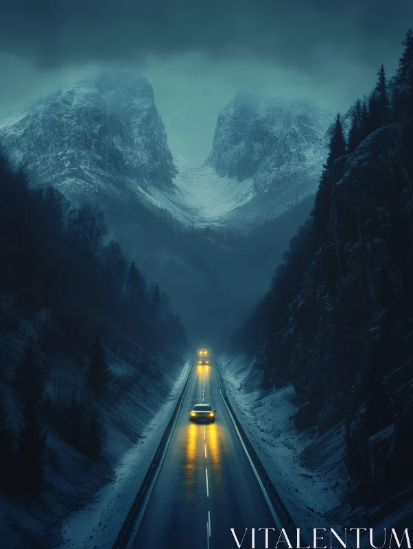 Serene Night Road in Snowy Mountains AI Image